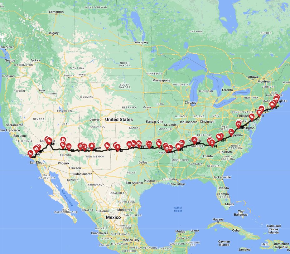 Coast to coast Camper RV route from Boston to Los Angeles